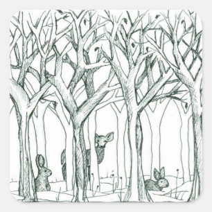 Sticker Carré Dessin d'encre d'arbres forestiers de faune de