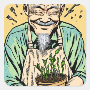 Sticker Carré Dessin d'un homme asiatique tenant un Plante