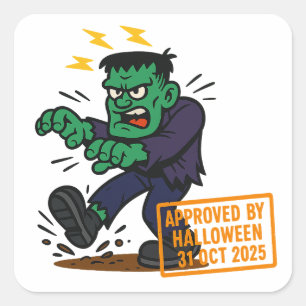 Sticker Carré Dessin Frankenstein - Approuvé par Halloween