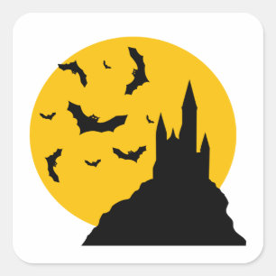 Sticker Carré Dessin Haunted Castle avec Lune et chauves-souris