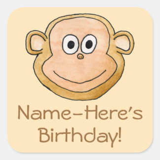 Sticker Carré Dessin Monkey, Anniversaire.