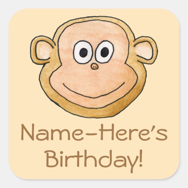 Sticker Carré Dessin Monkey, Anniversaire. (Devant)