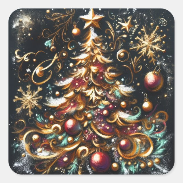 Sticker Carré Dessin pastel d'un arbre de Noël Whimsical (Devant)