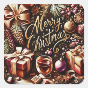 Sticker Carré Dessin pastel d'un Whimsical de Noël