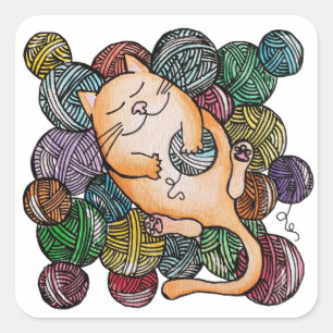 Sticker Carré Dessin sur le chat avec la boule de fer
