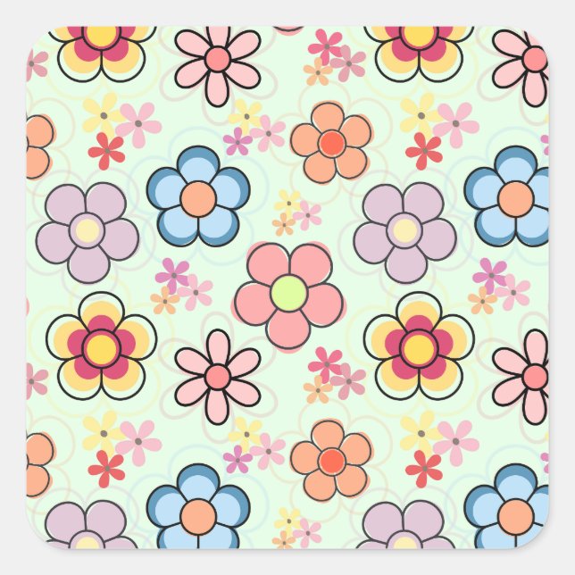 Sticker Carré dessins de fleurs aux couleurs délicates (Devant)