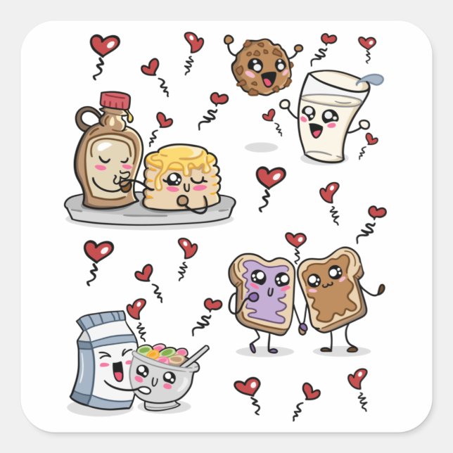 Sticker Carré Dessins De Nourriture En Amour Kawaii (Devant)