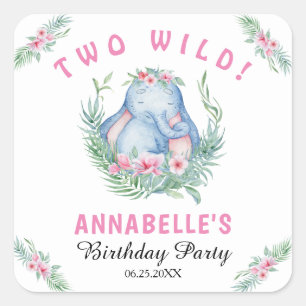 Sticker Carré Deux Carré d'anniversaire de la fille Eléphant Ros