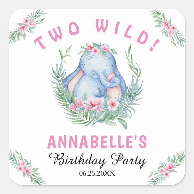 Sticker Carré Deux Carré d'anniversaire de la fille Eléphant Ros (Devant)