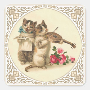 Sticker Carré Deux chatons anthropomorphes jouant la musique