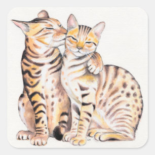 Sticker Carré Deux chats du Bengale Aquarelle Art