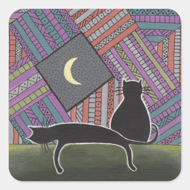 Sticker Carré deux chats noirs et une lune (Devant)