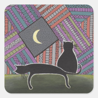 Sticker Carré deux chats noirs et une lune