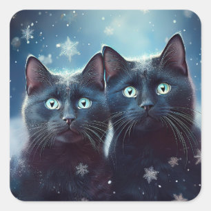 Sticker Carré Deux Chats Noirs Qui Se Font Enneiger