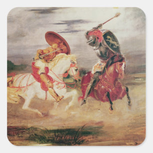 Sticker Carré Deux chevaliers qui combattent dans un paysage, ve