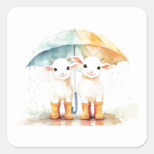 Sticker Carré Deux chèvres bébés par jour de pluie