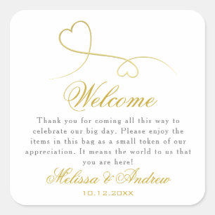 Sticker Carré Deux Coeurs Or Élégants   Bienvenue Mariage