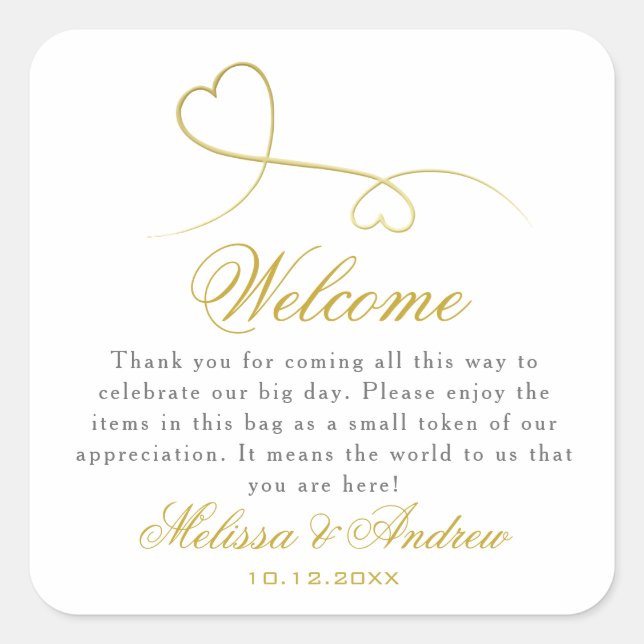 Sticker Carré Deux Coeurs Or Élégants | Bienvenue Mariage (Devant)
