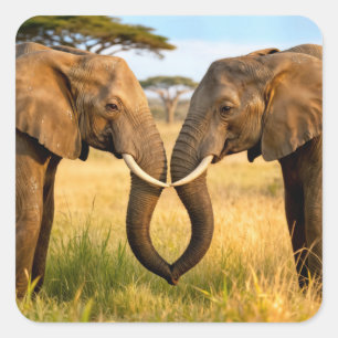 Sticker Carré Deux éléphants d'Afrique dans l'herbe de la savane