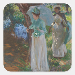 Sticker Carré Deux filles avec des parasols