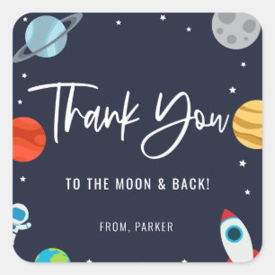 Sticker Carré Deux L'Espace Lune Thème Anniversaire Fête Merci
