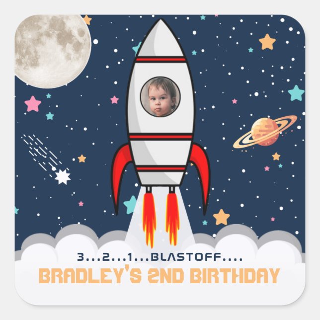 Sticker Carré Deux lune Rocket Ship 2e anniversaire Photo (Devant)