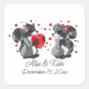 Sticker Carré Deux mignons Raccoons   Mariage romantique