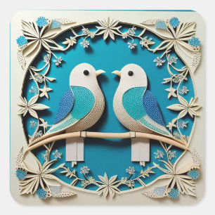 Sticker Carré Deux Oiseaux 🌿 Motif Floral ✂️ Élégante Nature