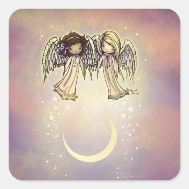 Sticker Carré Deux petits anges dans un art nocturne scintillant (Devant)
