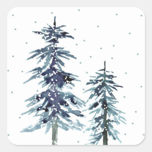 Sticker Carré Deux pins d'hiver aquarelle 2