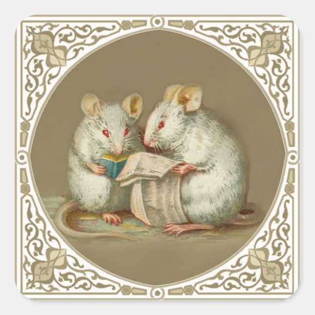 Sticker Carré Deux souris anthropomorphes blanches lisant (Devant)