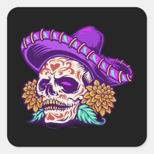 Sticker Carré Dia de muertos crâne de sucre mexicain