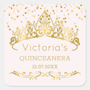 Sticker Carré Diadème d'or, confettis Quinceanera de point de