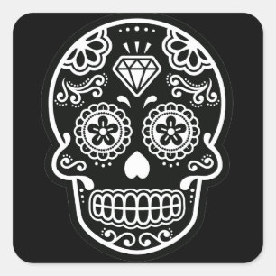 Sticker Carré Diamant noir et blanc de crâne de sucre