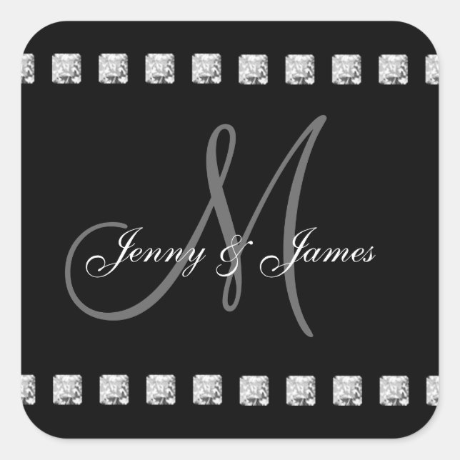 Sticker Carré Diamants noirs gris Noms de monogrammes Mariages (Devant)