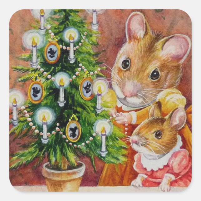 Sticker Carré Dickens Christmas Tree Trimming Souris Art (Devant)