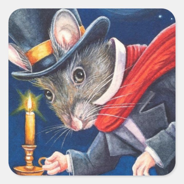 Sticker Carré Dickens Noël Scrooge Souris Aquarelle Art (Devant)
