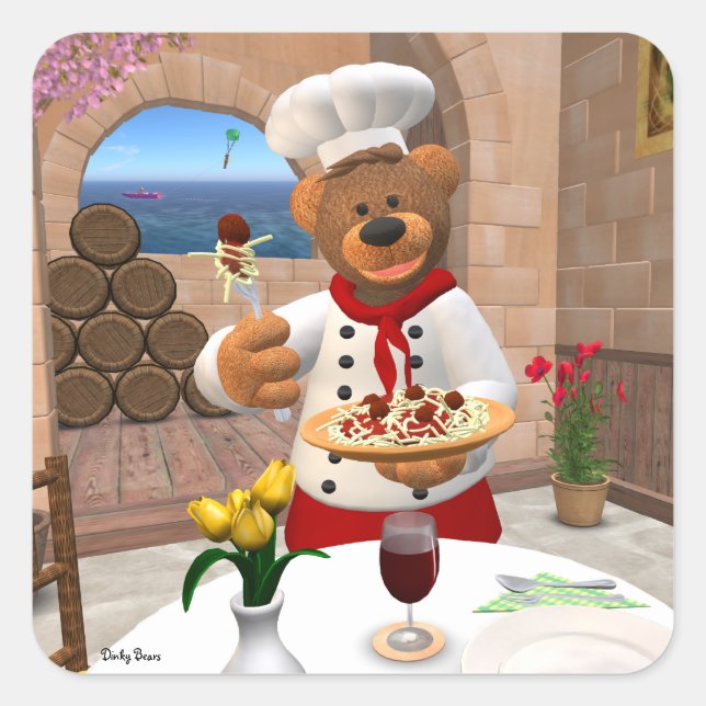 Sticker Carré Dinky Bears Chef : Spaghetti avec boulettes de via (Devant)