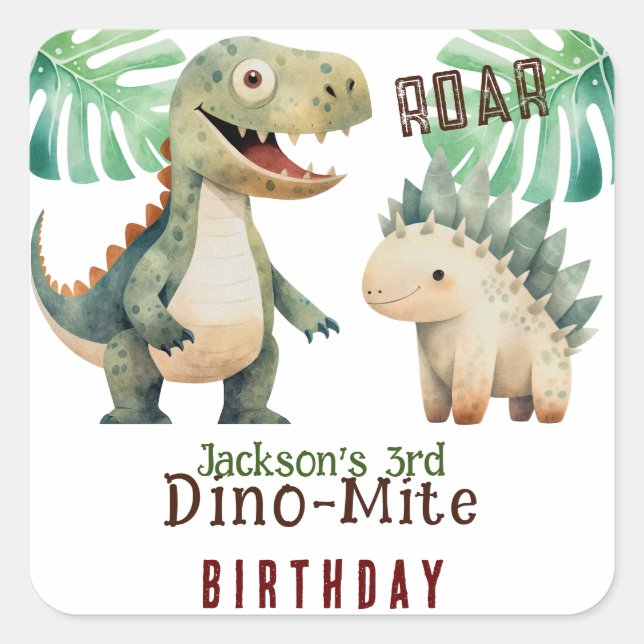 Sticker Carré Dinosaur 3e aquarelle d'anniversaire (Devant)