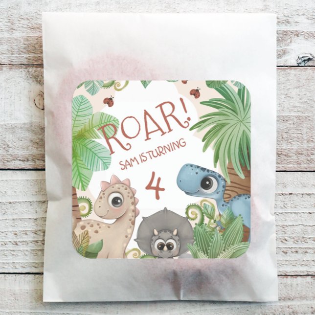 Sticker Carré Dinosaur, 4e anniversaire (Personalized Dinosaur Birthday Party Stickers)