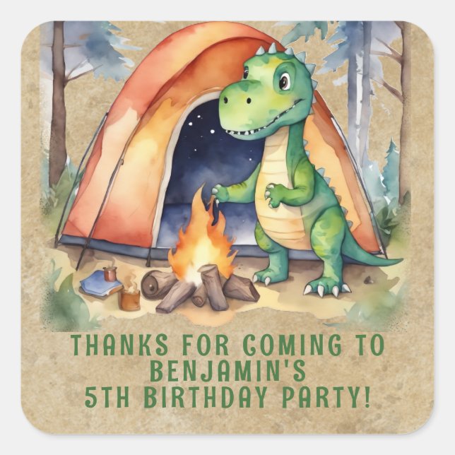 Sticker Carré Dinosaur Campout Anniversaire Fête Favoriser (Devant)