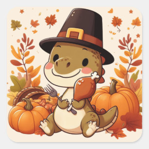 Sticker Carré Dinosaur de Thanksgiving mignon