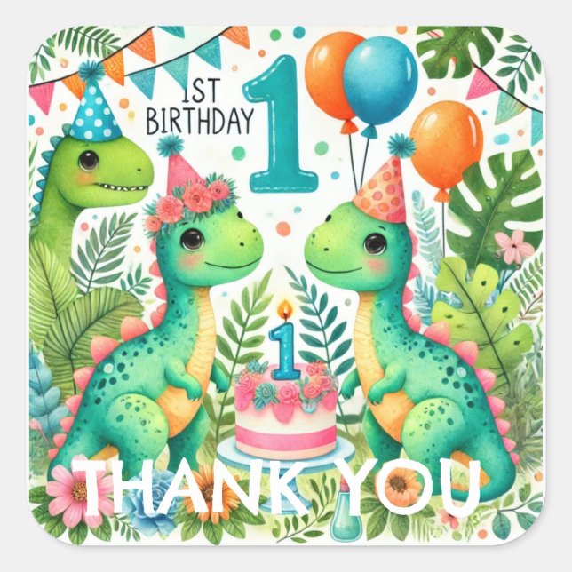 Sticker Carré Dinosaur Dino 1ère fête d'anniversaire (Devant)