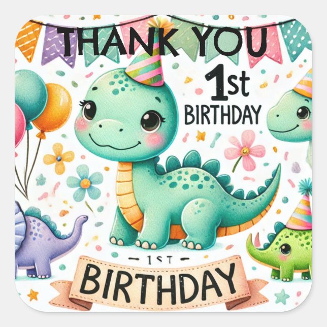 Sticker Carré Dinosaur Dino 1ère fête d'anniversaire (Devant)