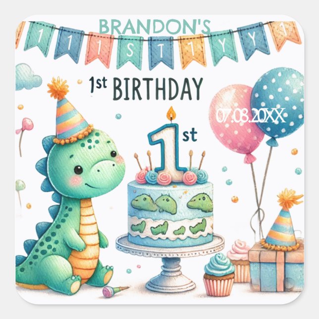 Sticker Carré Dinosaur Dino 1ère fête d'anniversaire (Devant)