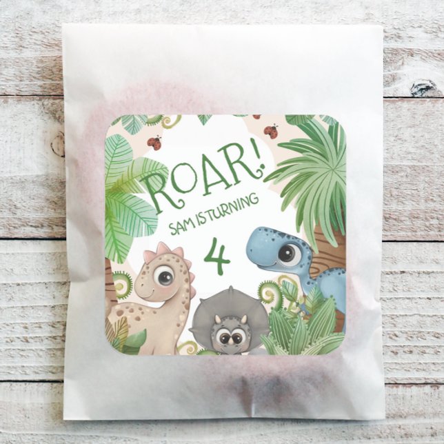 Sticker Carré Dinosaur Enfants 4e anniversaire (Personalized Dinosaur Birthday Party Stickers)