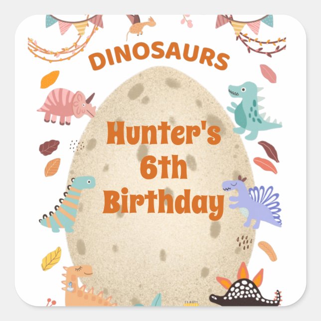 Sticker Carré Dinosaur fête d'anniversaire avec l'oeuf géant Din (Devant)