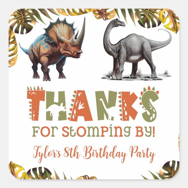 Sticker Carré Dinosaur fête d'anniversaire Faveurs (Devant)