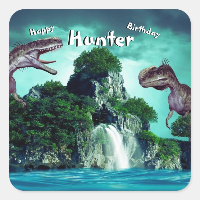 Sticker Carré Dinosaur Island Joyeuse fête d'anniversaire (Devant)