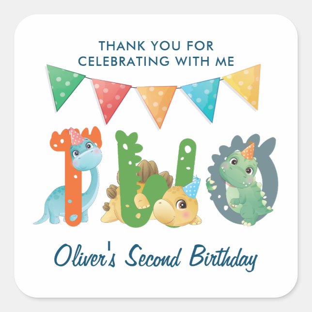 Sticker Carré Dinosaur Merci d'anniversaire (Devant)